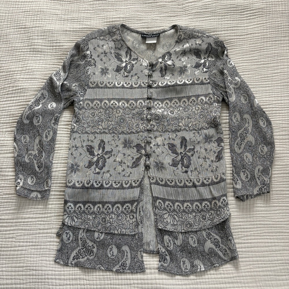 Vintage Carole Little Top Women's Sz 6 Gray Button Front Long Sleeve Blouse